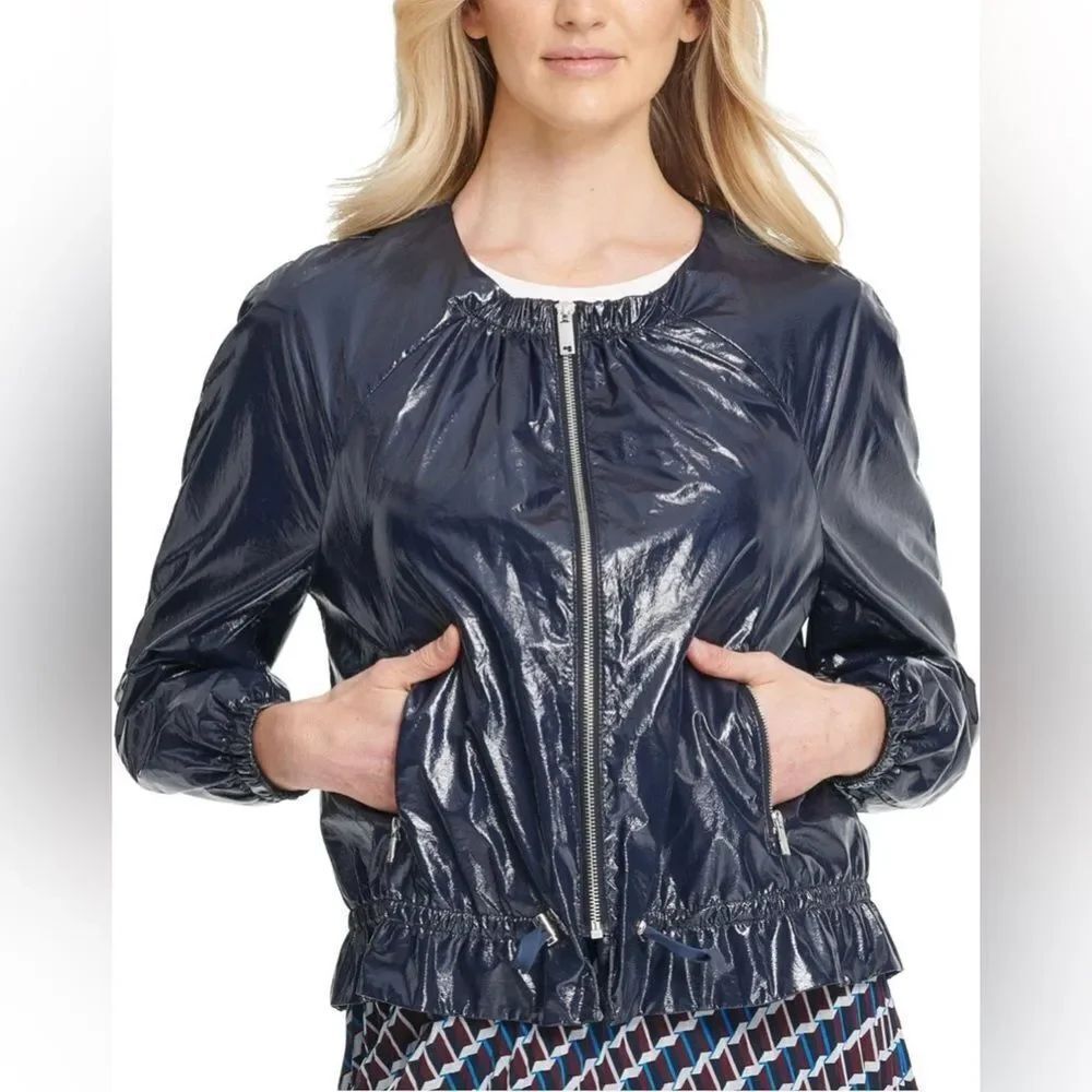 DKNY Shiny faux patent leather lightweight Navy Bomber Jacket, S